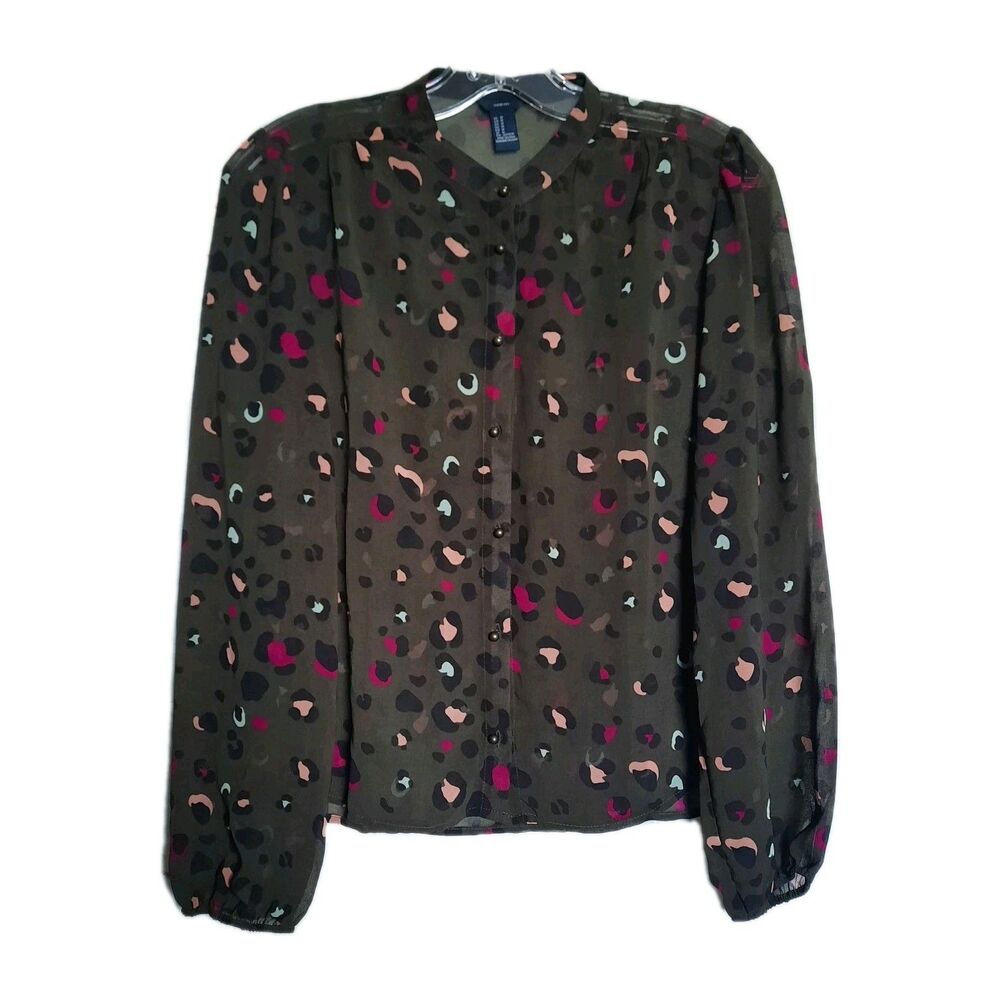 Forever 21 Sheer Olive Green Leopard Animal Print Blouse Top Black Pink White M